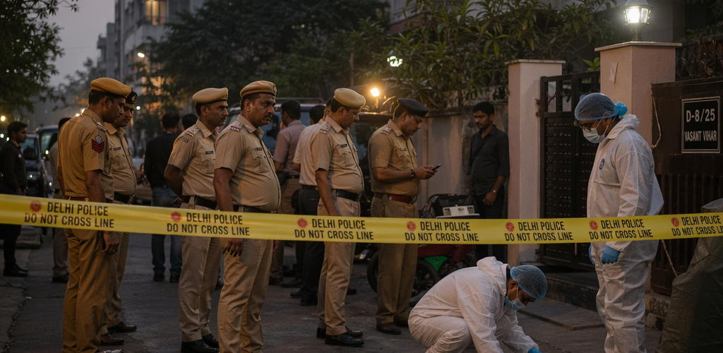 Delhi police investigation team working at residential colony crime scene with forensic examination