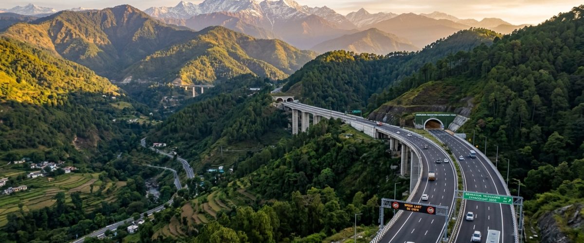 Aerial view of Delhi-Dehradun Expressway six-lane highway through Uttarakhand hills