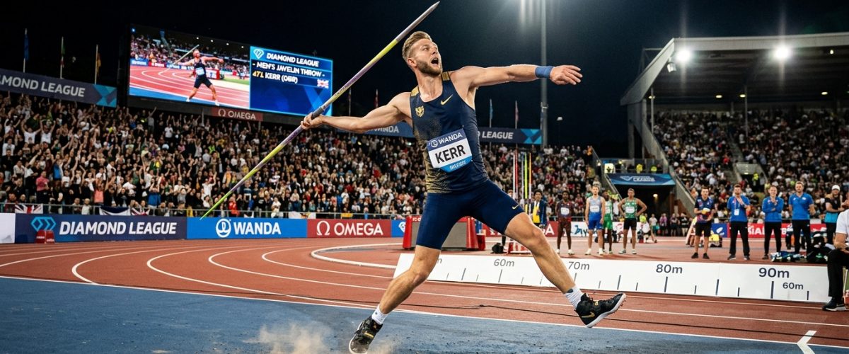 Javelin thrower in mid-throw at a professional Diamond League athletics stadium