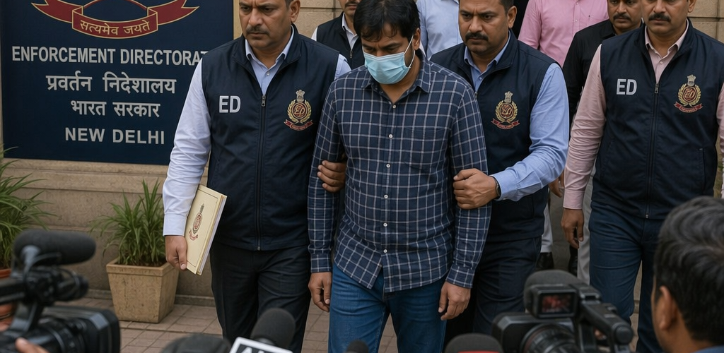 Enforcement Directorate officials outside government building during high-profile arrest with media present