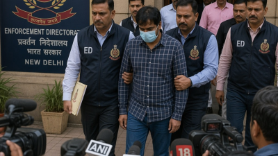 Enforcement Directorate officials outside government building during high-profile arrest with media present