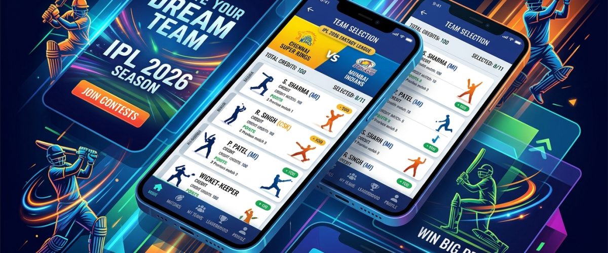 IPL 2026 fantasy cricket app interface showing team selection and league standings