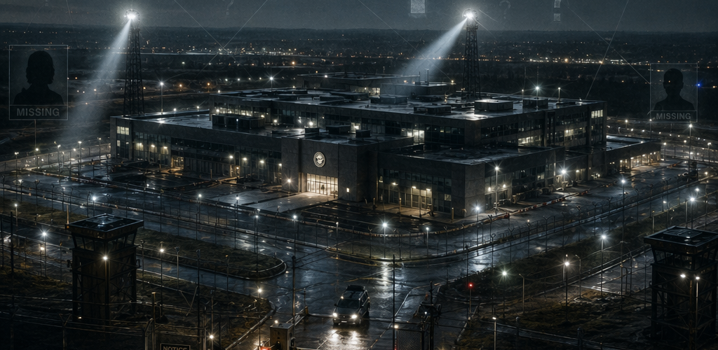 High-security US research facility at night with investigative overlay showing missing scientist profiles