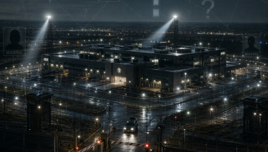 High-security US research facility at night with investigative overlay showing missing scientist profiles