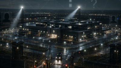 High-security US research facility at night with investigative overlay showing missing scientist profiles