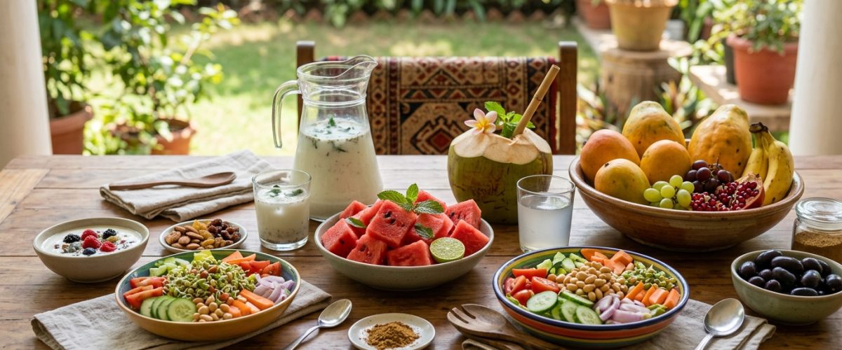 Indian summer foods including watermelon, coconut water, and seasonal fruits on wooden table