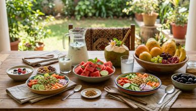 Indian summer foods including watermelon, coconut water, and seasonal fruits on wooden table