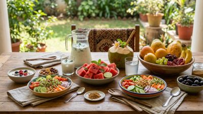 Indian summer foods including watermelon, coconut water, and seasonal fruits on wooden table