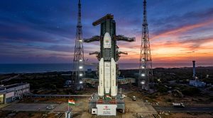ISRO Gaganyaan rocket on launch pad at Sriharikota with Indian flag and sunrise sky