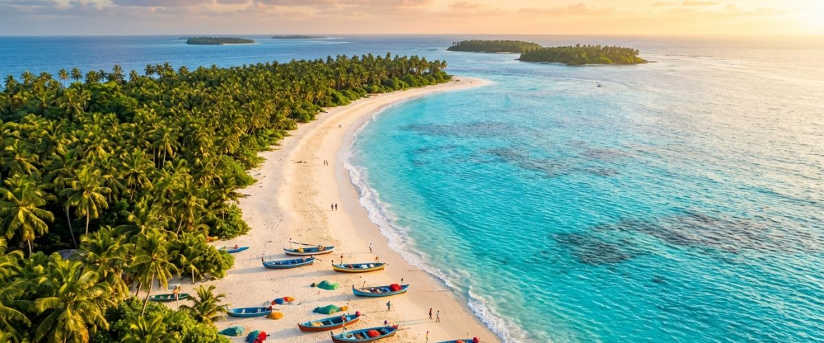 Aerial view of pristine Indian beach with turquoise waters and palm trees at golden hour