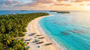 Aerial view of pristine Indian beach with turquoise waters and palm trees at golden hour