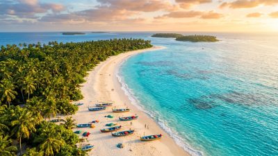 Aerial view of pristine Indian beach with turquoise waters and palm trees at golden hour