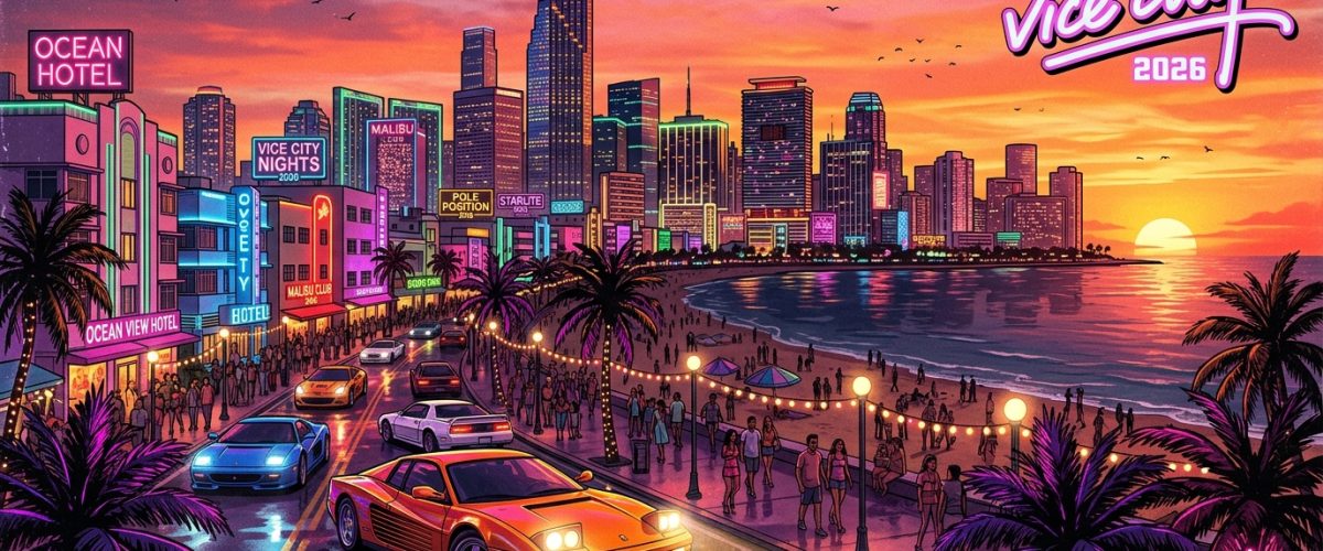 Vice City neon skyline with palm trees and sports cars GTA 6 style