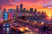 Vice City neon skyline with palm trees and sports cars GTA 6 style