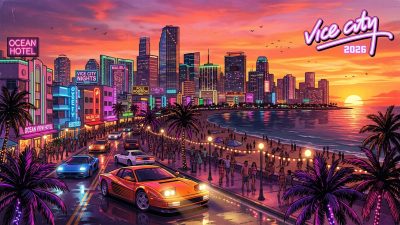 Vice City neon skyline with palm trees and sports cars GTA 6 style