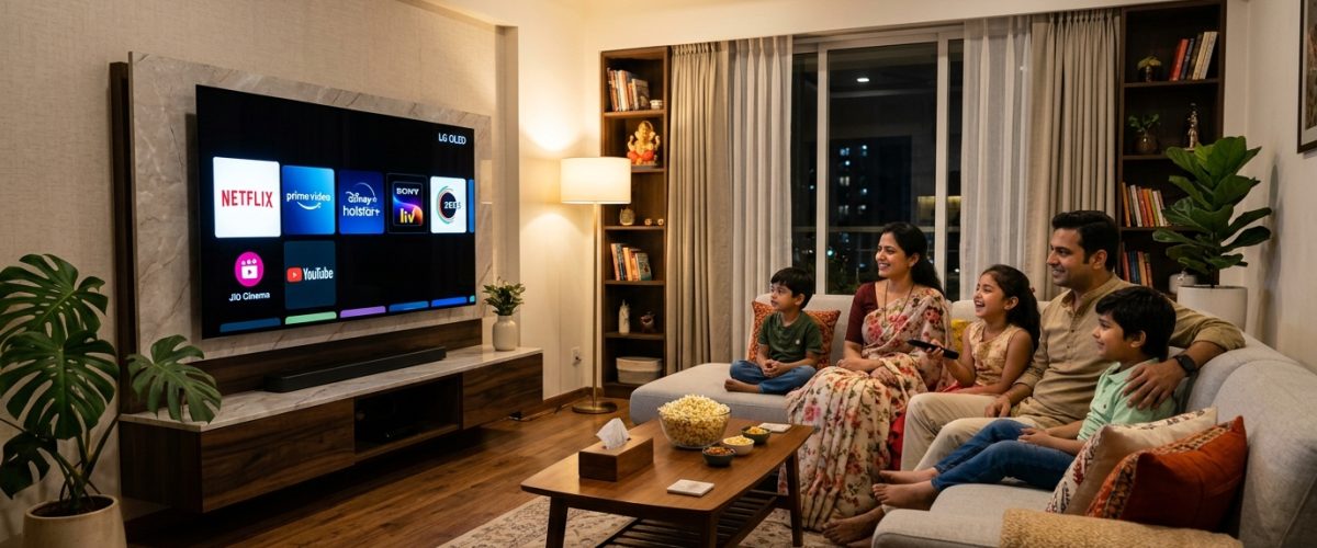 Smart TV showing streaming content in modern Indian living room