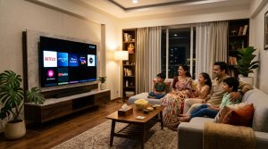 Smart TV showing streaming content in modern Indian living room