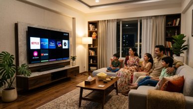 Smart TV showing streaming content in modern Indian living room