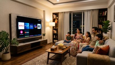 Smart TV showing streaming content in modern Indian living room
