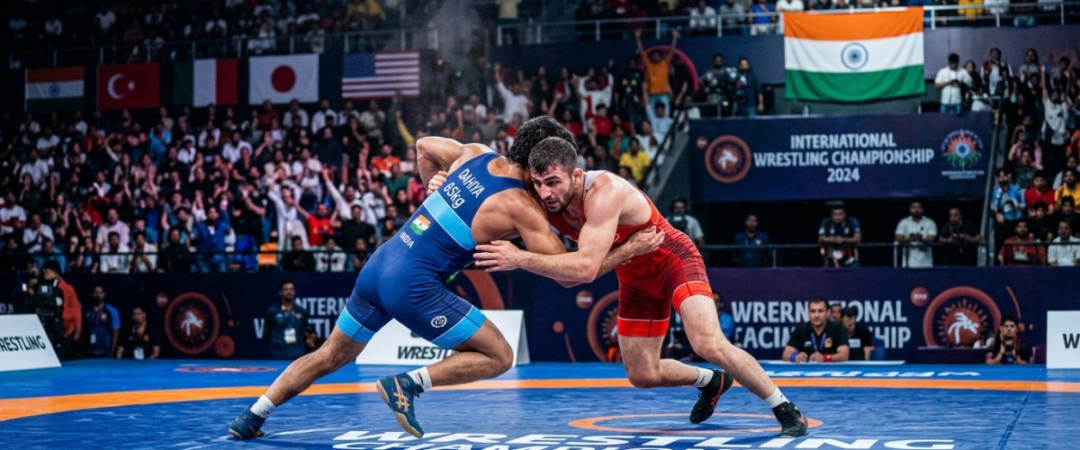 Indian wrestlers competing at the 2026 Asian Wrestling Championships in Bishkek arena