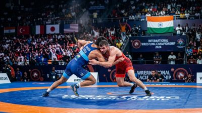 Indian wrestlers competing at the 2026 Asian Wrestling Championships in Bishkek arena