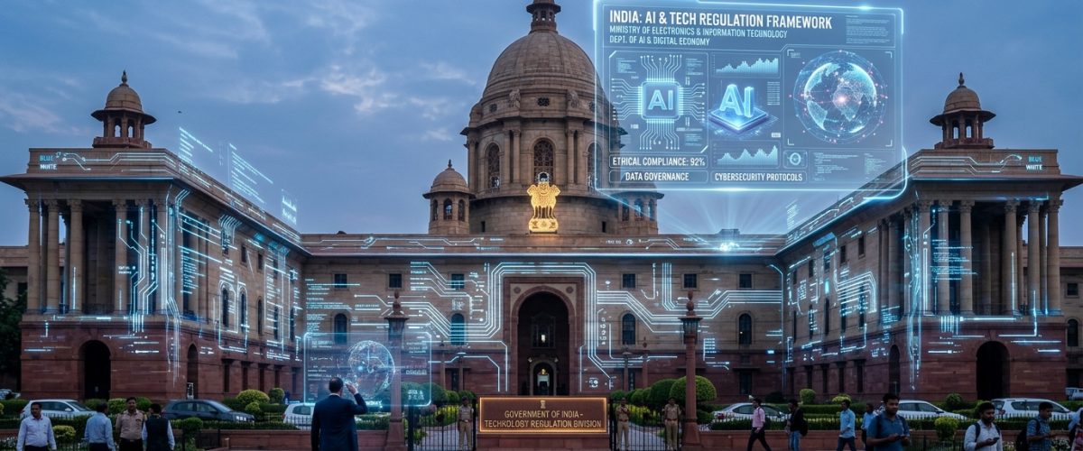 Digital AI interface overlaid on Indian cityscape representing AI regulation and technology expansion