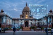 Digital AI interface overlaid on Indian cityscape representing AI regulation and technology expansion