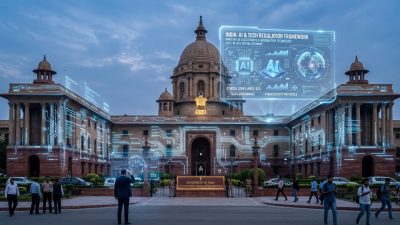 Digital AI interface overlaid on Indian cityscape representing AI regulation and technology expansion