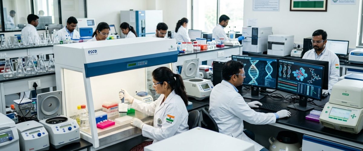 Modern Indian biotechnology laboratory with researchers and advanced equipment representing bioeconomy growth