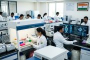 Modern Indian biotechnology laboratory with researchers and advanced equipment representing bioeconomy growth