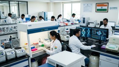 Modern Indian biotechnology laboratory with researchers and advanced equipment representing bioeconomy growth
