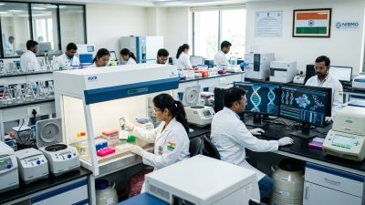 Modern Indian biotechnology laboratory with researchers and advanced equipment representing bioeconomy growth