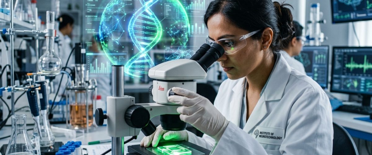 Indian scientist examining neuromorphic biosensor in modern biotechnology laboratory