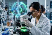 Indian scientist examining neuromorphic biosensor in modern biotechnology laboratory