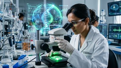 Indian scientist examining neuromorphic biosensor in modern biotechnology laboratory