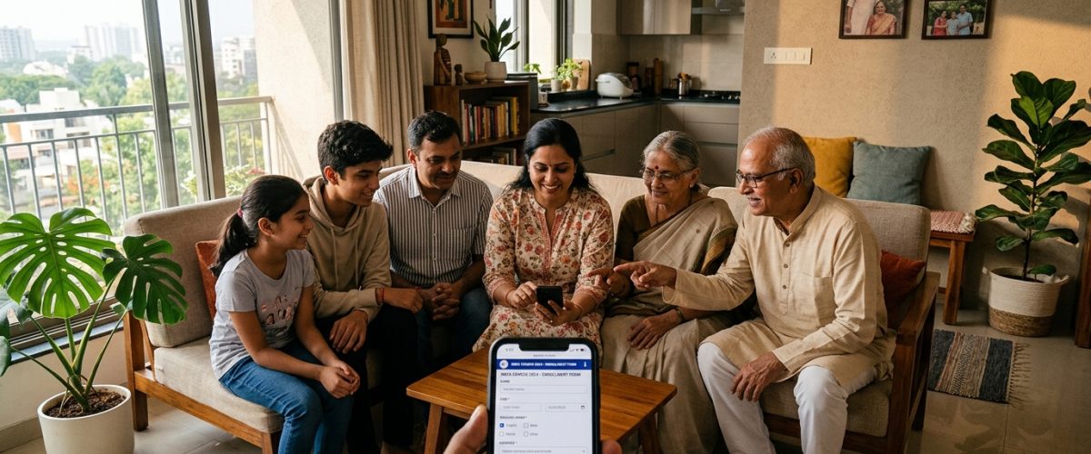 Indian family using smartphone for digital census self-enumeration in their home