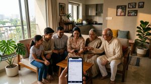 Indian family using smartphone for digital census self-enumeration in their home