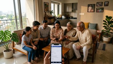Indian family using smartphone for digital census self-enumeration in their home