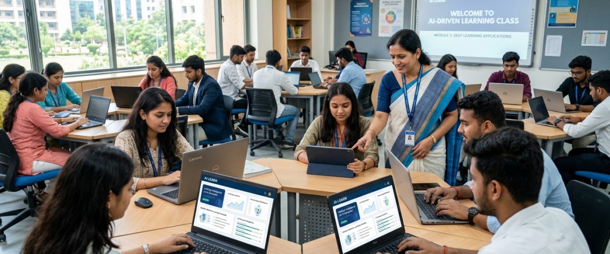 Indian students using tablets and laptops with AI-powered learning interface in modern classroom