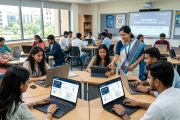 Indian students using tablets and laptops with AI-powered learning interface in modern classroom