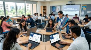 Indian students using tablets and laptops with AI-powered learning interface in modern classroom
