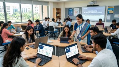 Indian students using tablets and laptops with AI-powered learning interface in modern classroom