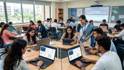 Indian students using tablets and laptops with AI-powered learning interface in modern classroom