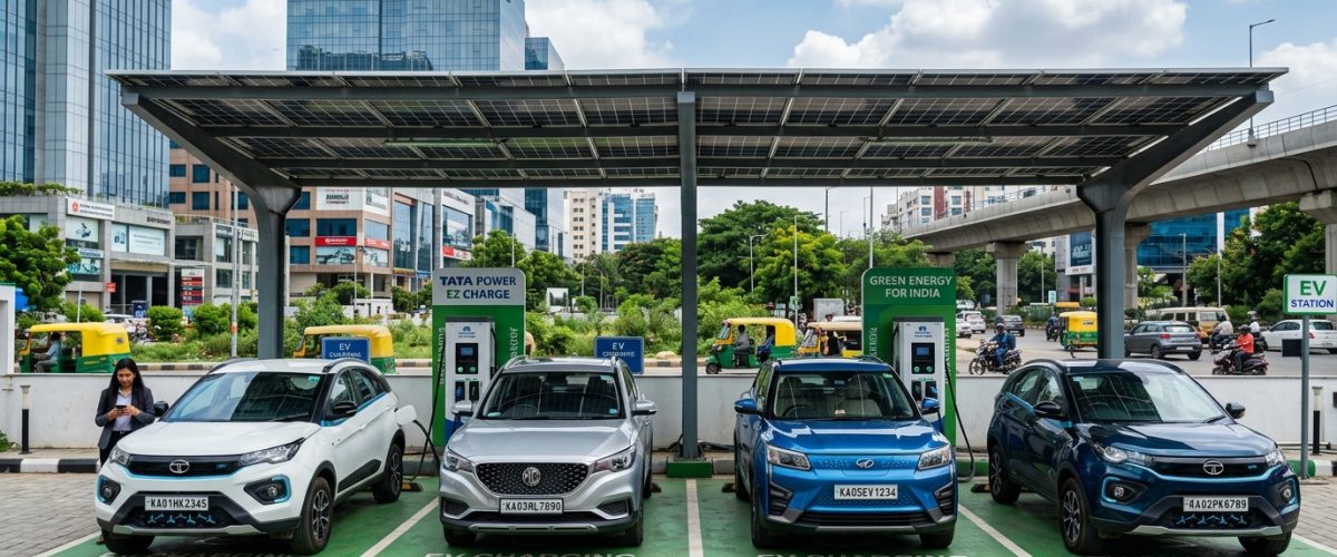 Electric vehicles at a modern charging station in an Indian city