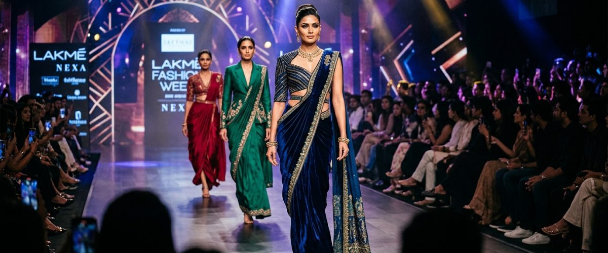 Indian fashion runway scene with models in indo-western fusion outfits and pre-draped sarees