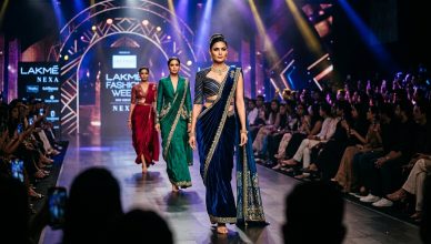 Indian fashion runway scene with models in indo-western fusion outfits and pre-draped sarees