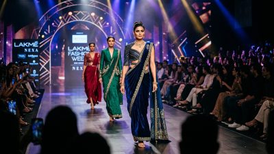 Indian fashion runway scene with models in indo-western fusion outfits and pre-draped sarees