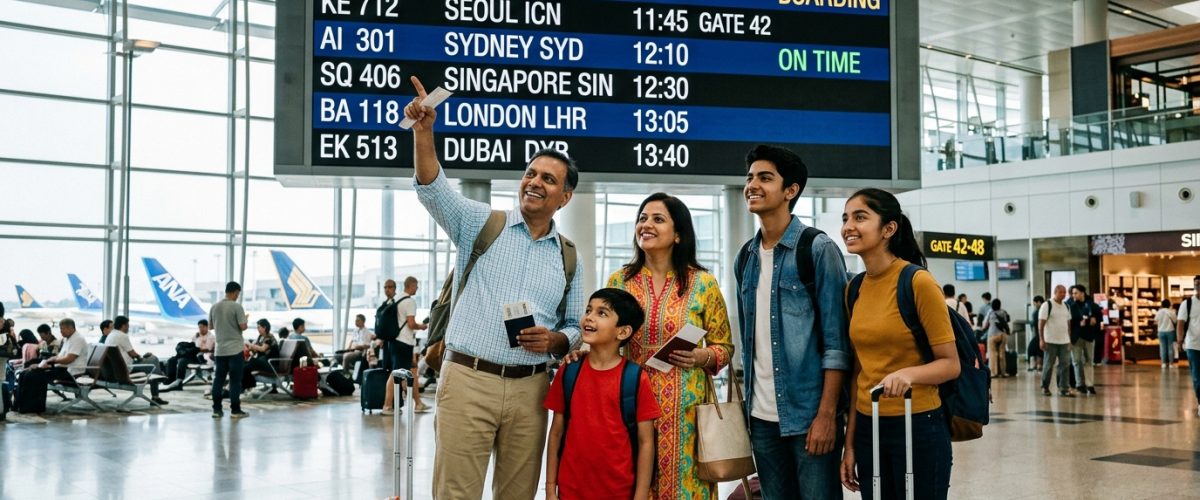 Indian travellers at an international airport departure terminal with Asia-Pacific destination boards