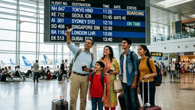 Indian travellers at an international airport departure terminal with Asia-Pacific destination boards