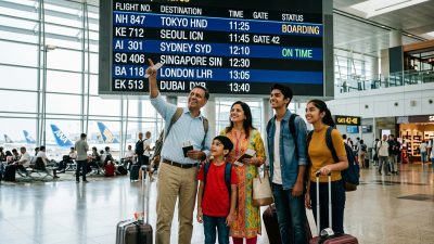 Indian travellers at an international airport departure terminal with Asia-Pacific destination boards